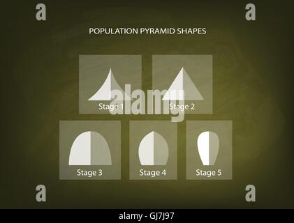 Bevölkerung und Demografie, Illustration-Set von 5 Arten der Bevölkerung Pyramiden Diagramm oder Altersstruktur Graph auf Tafel Hinterg Stock Vektor