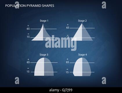 Bevölkerung und Demografie, Illustration-Satz von 4 Arten von Bevölkerung Pyramiden Diagramm oder Altersstruktur Graph auf Tafel Hinterg Stock Vektor