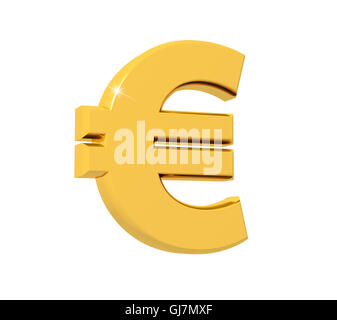 3D-Rendering des Euro-Symbols mit Reflexion isoliert auf weißem Hintergrund glitzernden Gold gemacht. Stockfoto