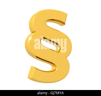 3D-Rendering Schnittsymbol / deutschen Absatz Zeichen aus glitzernden Gold mit Reflexion isoliert auf weißem Hintergrund. Stockfoto