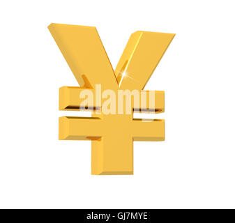 3D-Rendering des Yen-Symbol mit Reflexion isoliert auf weißem Hintergrund glitzernden Gold gemacht. Stockfoto