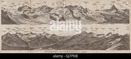 PANORAMA GORNERGRAT. Zermatt Monte Rosa Breithorn Matterhorn Mischabel, 1922-Karte Stockfoto