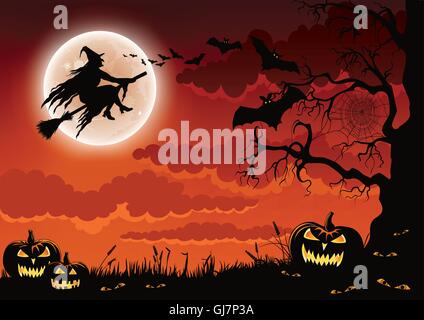 Halloween unter dem Motto Vektor-Illustration mit scary Kürbisse, Fledermäuse, peering Augen und eine Hexe durch den Mond fliegen. Stock Vektor
