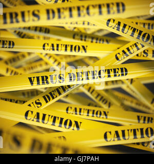 Virus entdeckt Gelb Vorsicht Klebeband Hintergrund. Security-Konzept. 3D illustration Stockfoto