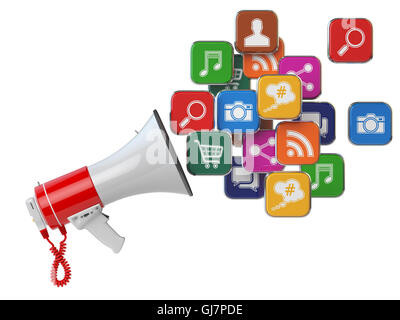 Megaphon mit Wolke der Programmsymbole. Digital marketing-Konzept. 3D illustration Stockfoto