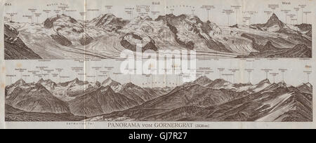 PANORAMA GORNERGRAT. Zermatt Monte Rosa Breithorn Matterhorn Mischabel, 1928 Karte Stockfoto