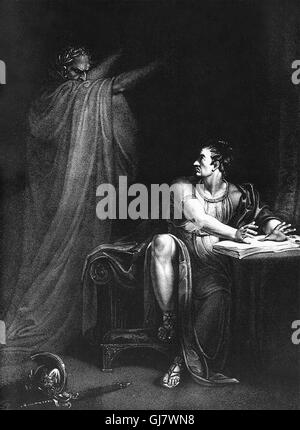 Brutus und Ghost of Caesar (1802), Kupferstich von Edward Scriven aus einem Gemälde von Richard Westall, illustriert Akt IV, Szene III, von Shakespeares Julius Caesar.  Caesar wurde an den Iden des März (15 März) 44 v. Chr. ermordet. Die Ermordung von Julius Caesar war das Ergebnis einer Verschwörung von vielen römischen Senators. Unter der Leitung von Gaius Cassius Longinus und Marcus Junius Brutus, erstochen sie Julius Caesar in einer Lage Angrenzend an das Theater des Pompeius an den Iden des März. Stockfoto