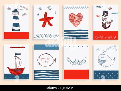 Gruß Kartensatz süß Meer Objekte Sammlung. Stock Vektor