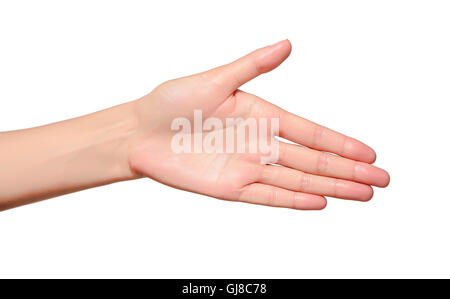 Gruß isoliert auf einem weißen Hintergrund der ausgestreckten Hand Stockfoto