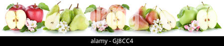 Apfel und Birne Sammlung Äpfel Birnen in Scheiben geschnittenen Früchte in einer Reihe auf einem weißen Hintergrund isoliert Stockfoto