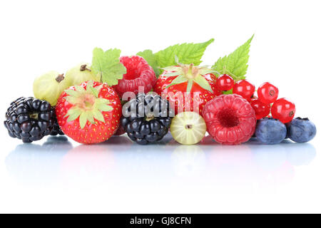 Beeren Erdbeeren Blaubeeren Beeren Blätter isoliert auf weißem Hintergrund Früchte Stockfoto