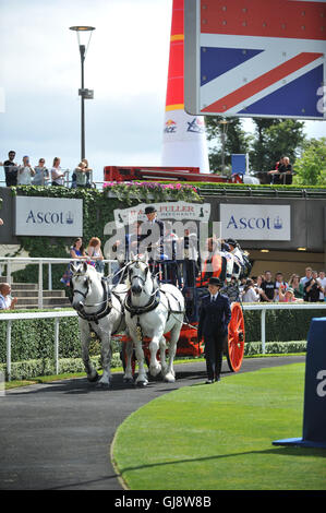 Ascot, Großbritannien. 13. August 2016. Die Piloten im Wettbewerb in der Master Klasse Red Bull Air Race paradieren in einem Gehäuse vor dem Wettkampf in Ascot, Vereinigtes Königreich.  Das Red Bull Air Race verfügt über die weltweit besten Race-Piloten in eine reine Motorsport-Wettbewerb, der Schnelligkeit, Präzision und Geschick kombiniert. Verwenden die schnellste und wendigste, leichte racing Flugzeuge, schlagen Piloten Geschwindigkeiten von 370kmh, während dauerhafte Kräfte von bis zu 10G, wie sie eine Low-Level-Slalomstrecke navigieren durch 25 Meter hohen, luftgefüllten Pylonen markiert. Stockfoto