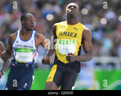 RIO DE JANEIRO, Brasilien - 13 AUGUST: Usain Bolt aus Jamaika in den Vorläufen der Mens 100m während der Vormittagssitzung am Tag 8 Leichtathletik für die Olympischen Spiele in Rio 2016 im Olympiastadion am 13. August 2016 in Rio De Janeiro, Brasilien. (Foto von Roger Sedres/Gallo Images) Bildnachweis: Roger Sedres/Alamy Live-Nachrichten Stockfoto