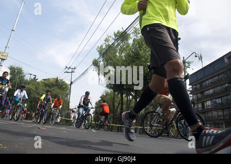 Mexiko-Stadt, Mexiko-Stadt, MX. 14. August 2016. Für jede Woche eines Morgens regieren Menschen auf dem Fahrrad und zu Fuß die Straßen von Mexiko-Stadt. Die offizielle Muévete En Bici (Bewegung mit dem Fahrrad) Veranstaltung seit 2008 geht aber war vor kurzem auf ausgeweitet, 35 Meilen (55 km) der Straßen der Stadt. © Joel Alvarez/ZUMA Draht/Alamy Live-Nachrichten Stockfoto