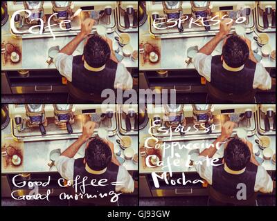 Foto-Collage von Barista und Kaffeemaschinen an der Bar, Vintage-Filter angewendet. Verschiedene handschriftliche Nachrichten. Stockfoto