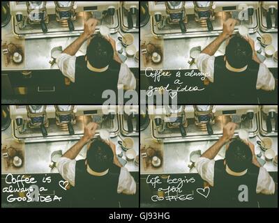 Foto-Collage von Barista und Kaffeemaschinen an der Bar, Vintage-Filter angewendet. Verschiedene handschriftliche Nachrichten. Stockfoto