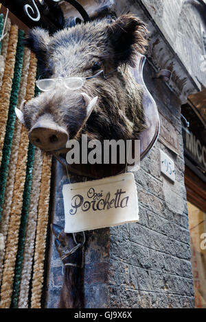 Pizzicheria de Miccoli, Siena.  Lebensmittel und Feinkost in der Altstadt mit Kopf des Wildschweins Stockfoto