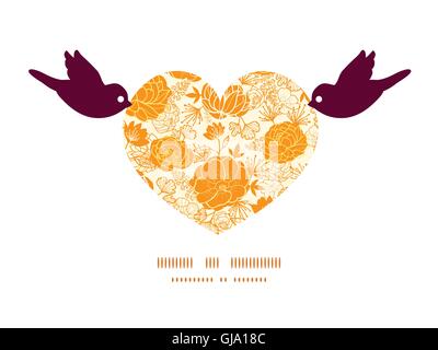 Vektorgrafiken goldene Blumen Vögel halten Herz Silhouette Rahmen Muster Einladung Grußkarten-Vorlage Stock Vektor