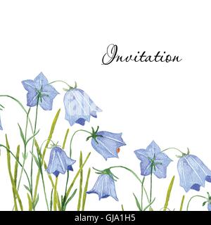 Bluebell Blumen. Gruß oder Einladung Vektor-Karte.  Handgezeichnete Aquarel Abbildung. Stock Vektor