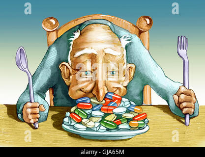 ein Ältester hat einen Teller voller Pillen und Tauchgänge Nase ekstatisch Stockfoto