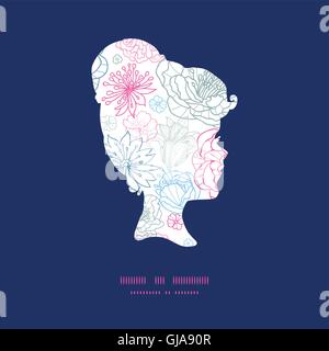 Vektor-grau und rosa Lineart Blumen Mädchen Porträt Silhouette Muster Rahmen Stock Vektor