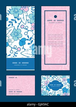 Vektor-blau und rosa Kimono Blüten vertikalen Rahmen Muster Einladung Gruß, RSVP und danke-Karten-set Stock Vektor