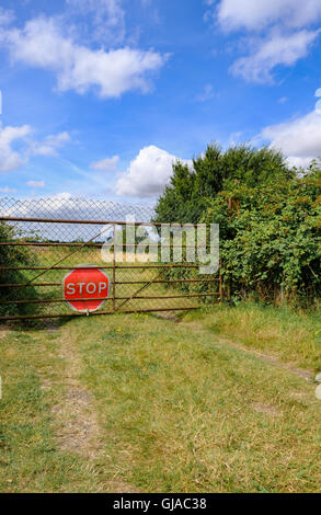 Improvisierten Schild verwendet, um Verbrechen am Eingang eines Bauern-Feldes im späten Sommer abzuschrecken. Stockfoto