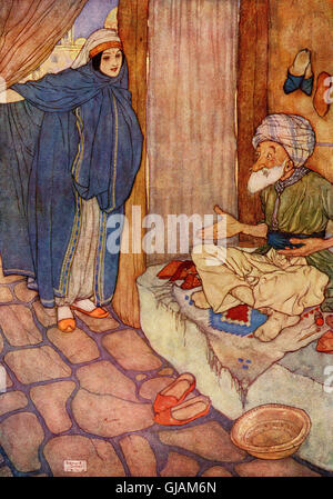 Mustapha zweifelte viel von seiner Fähigkeit, Fragen zu unterlassen. Illustration von Edmund Dulac für Ali Baba und die vierzig Räuber. Stockfoto