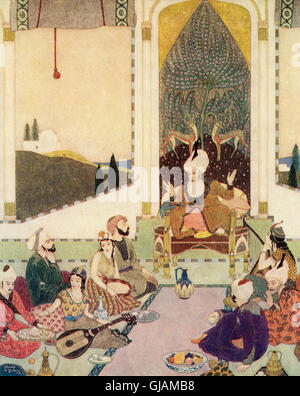 Sindbad der Seefahrer unterhält Sindbad der Landsman. Illustration von Edmund Dulac für Sindbad der Seefahrer. Stockfoto