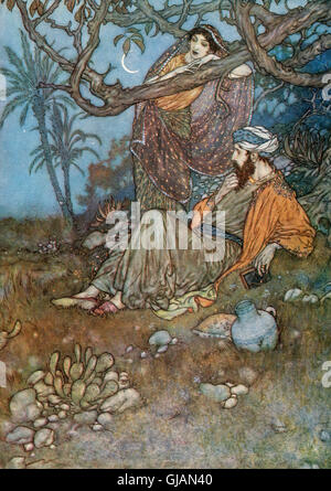 Hier mit ein bisschen Brot unter dem Bauch, Eine Flasche Wein, ein Buch der Verse - und du neben mir singst in der Wildnis Oh, Wilderness were Paradise Enow! Illustration von Edmund Dulac vom Rubaiyat von Omar Khayyam, veröffentlicht 1909. Stockfoto