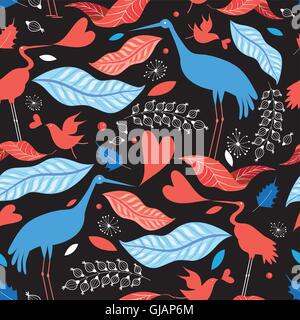Grafisches nahtlose Muster mit Vögel und Herbst Blätter auf einem dunklen Hintergrund Stock Vektor