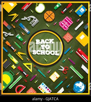 Zurück zur Schule. Schulmaterial auf grüne Kreide Board Hintergrund. Vektor-Illustration. Banner mit Textfreiraum. Stock Vektor