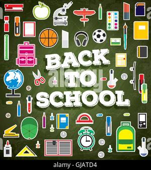 Zurück zur Schule. Schulmaterial auf grüne Kreide Board Hintergrund. Vektor-Illustration. Stock Vektor
