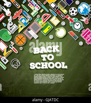 Zurück zur Schule. Schulmaterial auf grüne Kreide Board Hintergrund. Vektor-Illustration. Zurück zu Schule Banner mit Textfreiraum. Stock Vektor