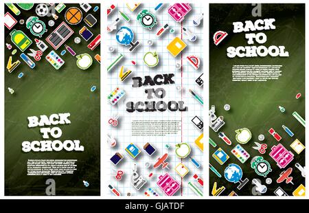 Zurück zu Schule-Banner-Set mit Schulmaterial. Vektor-Illustration. Bildungskonzept. Banner mit grünen Tafel Stock Vektor