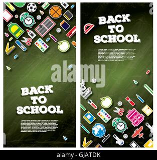 Zurück zu Schule-Banner-Set mit Schulmaterial. Vektor-Illustration. Bildungskonzept. Banner mit grünen Tafel Stock Vektor
