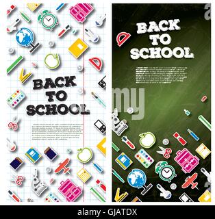 Zurück zu Schule-Banner-Set mit Schulmaterial. Vektor-Illustration. Bildungskonzept. Banner mit grünen Tafel Stock Vektor