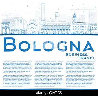 Umriss Bologna mit blauen Wahrzeichen und textfreiraum Skyline. Vektor-Illustration. Geschäftsreisen und Tourismus-Konzept Stock Vektor