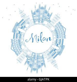 Umriss Milan mit blauen Wahrzeichen und textfreiraum Skyline. Vektor-Illustration. Geschäftsreisen und Tourismus-Konzept Stock Vektor