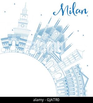 Umriss Milan mit blauen Wahrzeichen und textfreiraum Skyline. Vektor-Illustration. Geschäftsreisen und Tourismus-Konzept Stock Vektor