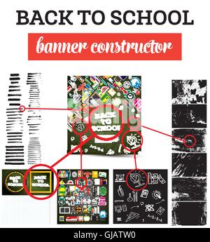 Zurück zu Schule-Banner-Konstruktor mit Schulmaterial, Pinsel und Texturen. Vektor-Illustration. Bildungskonzept. Stock Vektor