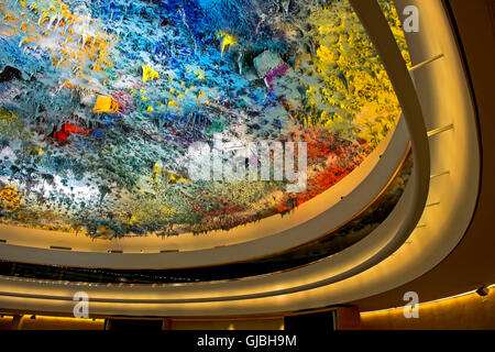 Decke Skulptur in der Menschenrechte und Allianz der Zivilisation Kammer, Palais des Nations, Genf, Schweiz Stockfoto