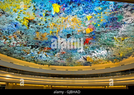 Decke Skulptur in der Menschenrechte und Allianz der Zivilisation Kammer, Palais des Nations, Genf, Schweiz Stockfoto