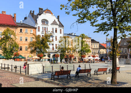 Bielsko-Biala, Polen - 7. September 2014: Blick auf den historischen Teil von Bielsko Biala in den Sommer, sonniger Tag Stockfoto