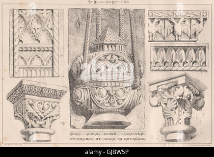 Frühe gotische Steinmetzarbeiten. Dekorative, antike print 1870 Stockfoto