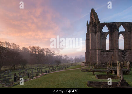 Dramatische Winter Sonnenaufgang auf der malerischen, hoch aufragenden Ruinen von Bolton Abbey mit rotem Himmel und Nebel über die Grabsteine - North Yorkshire, England, UK. Stockfoto