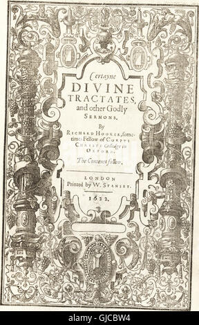 Diese Arbeit von Richard Hooker aus dem Jahr 1622 stellt eine umfassende Analyse des kirchlichen Rechts und der Kirchenführung vor und untersucht die Beziehung zwischen Kirche und Staat und die Struktur der kirchlichen Autorität in England. Stockfoto
