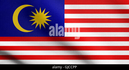 Flagge von Malaysia winken in den Wind mit detaillierten Stoff. Malaysische Nationalflagge. Stockfoto