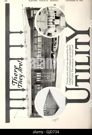 Das *Electric Railway Journal* (1916) ist eine Zeitschrift, die sich mit der Entwicklung und dem Betrieb elektrischer Eisenbahnen befasst. Sie behandelt Fortschritte in der elektrischen Transporttechnik, Infrastruktur und Geschäftspraktiken im frühen 20. Jahrhundert. Stockfoto