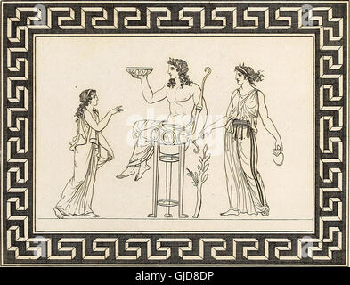 Dieses Werk aus dem Jahr 1804 präsentiert detaillierte Umrisse griechischer, römischer und etruskischer Vasenentwürfe mit Schwerpunkt auf Figuren und Kompositionen, mit gravierten Borten, die die Kunst der antiken Zivilisationen veranschaulichen. Stockfoto